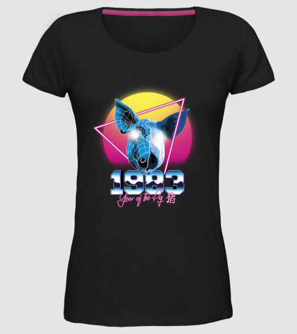 1983 Year of the Pig model negru pe tricou