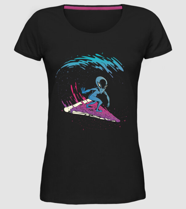 Alien Pizza Surf tricou amuzant model negru pe tricou