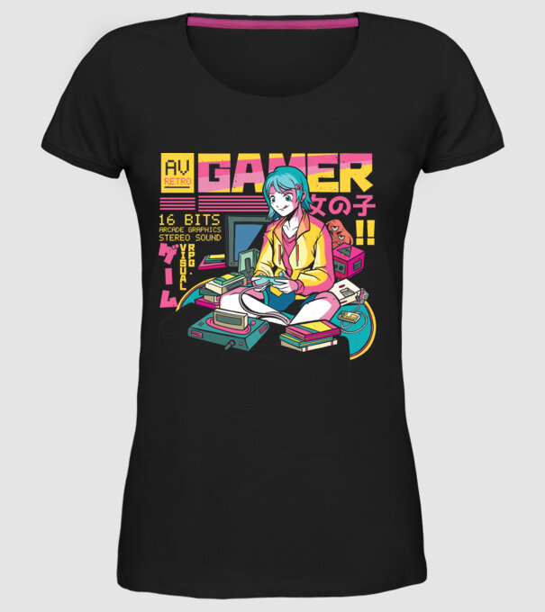 Anime fată Gamer model negru pe tricou