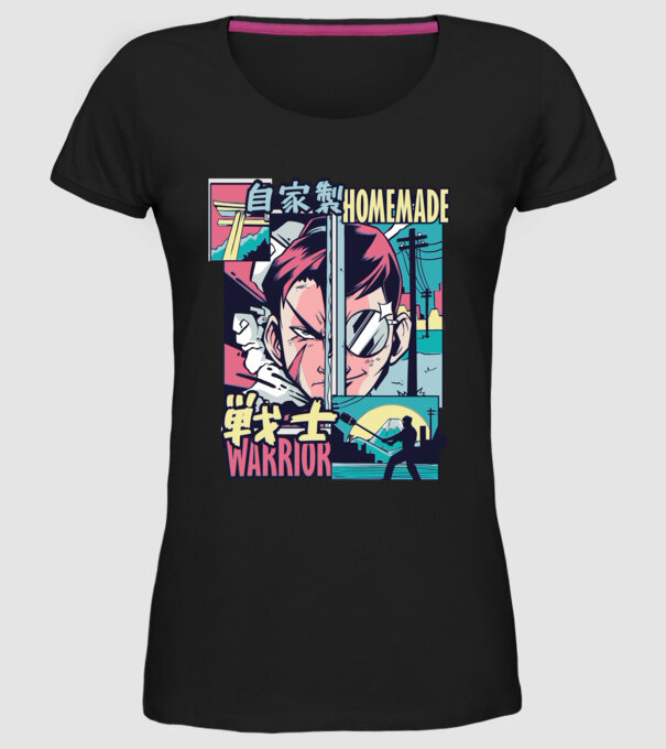 Anime Vaporwave Home Made Warrior model negru pe tricou
