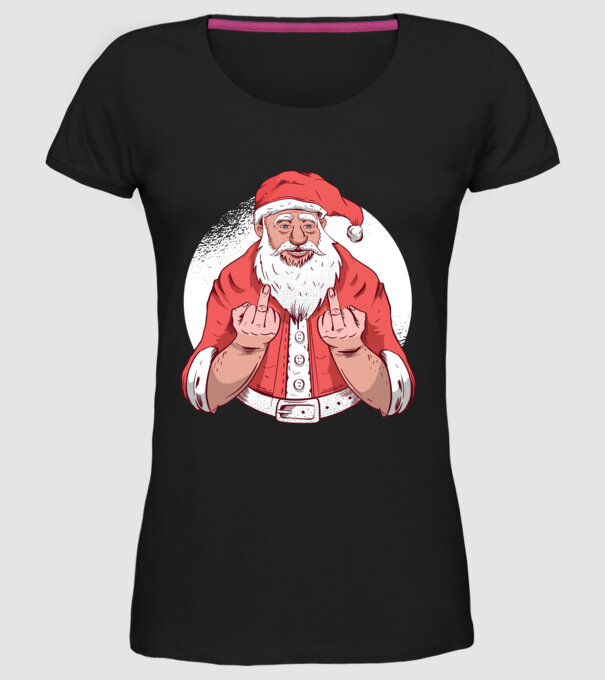 Moș Crăciun antisocial arată degetul model negru pe tricou