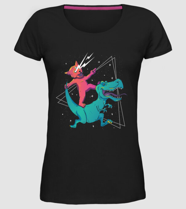 Pisică drogată pe dinozaur model negru pe tricou