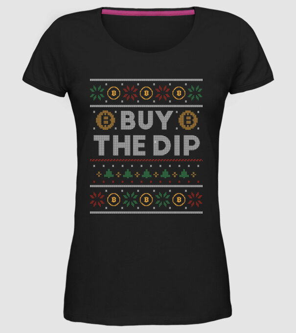 Buy the Dip Bitcoin Ugly Sweater model negru pe tricou