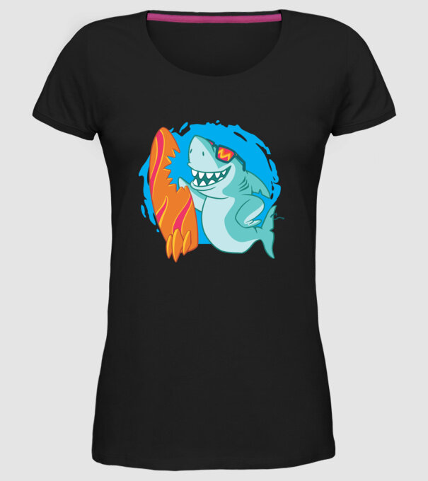 Mușcătură rechin Surf model negru pe tricou