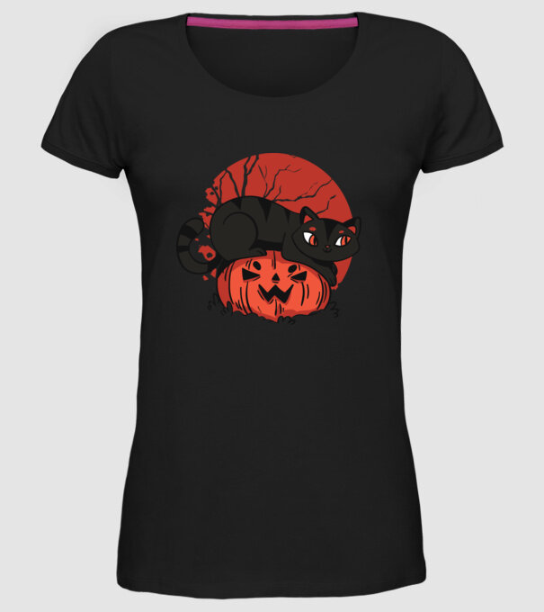 Pisică pe dovleac Halloween model negru pe tricou