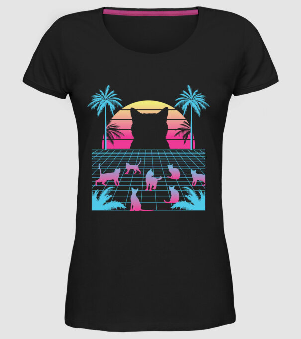 Pisică Vaporwave neon model negru pe tricou