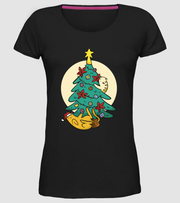 Crăciun cu pisică model negru pe tricou