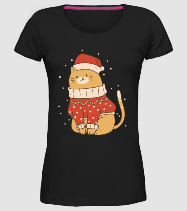 Pisică drăguță de Crăciun model negru pe tricou