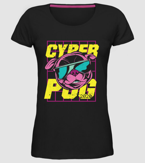 Mops Cyber Pug model negru pe tricou