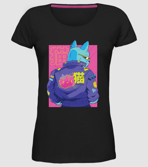 Pisică Cyberpunk model negru pe tricou