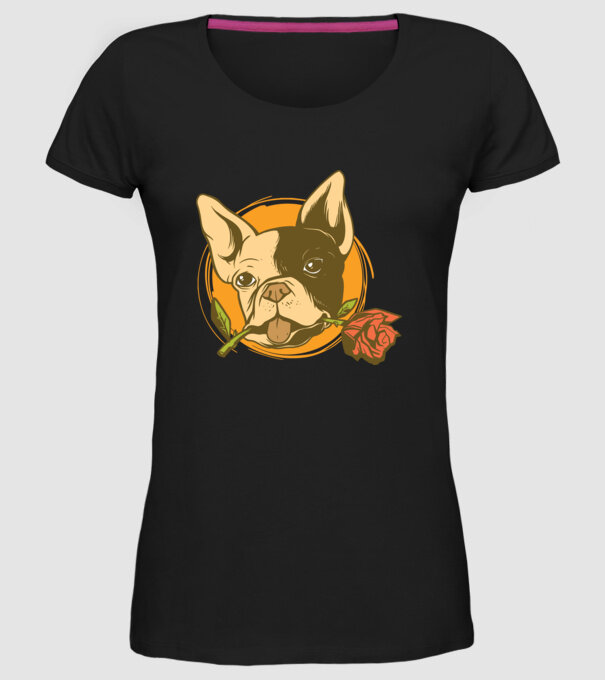Bulldog francez cu trandafir model negru pe tricou