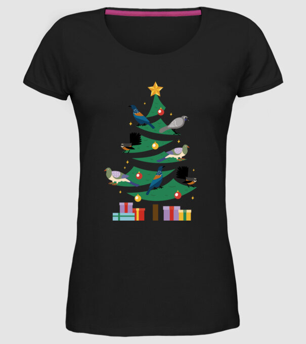 Pom de Crăciun cu păsări model negru pe tricou