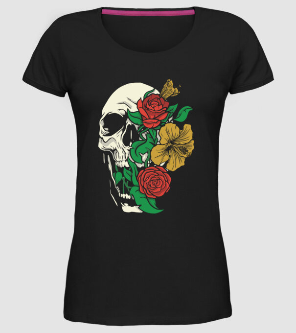 Trandafir craniu model negru pe tricou