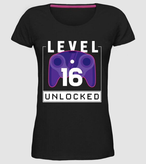 Level 16 Unlocked Gamer Birthday model negru pe tricou