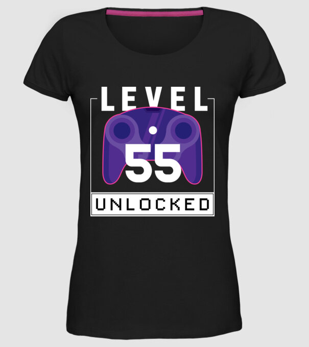 Level 55 Unlocked Gamer Birthday model negru pe tricou