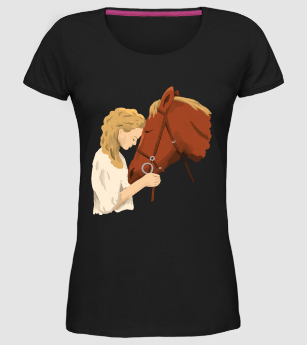 Fată cu cal model negru pe tricou