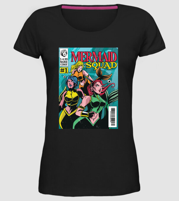 benzi desenate Mermaid Squad model negru pe tricou