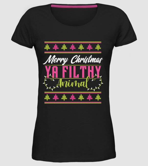 Merry Christmas Ya Filthy Animal model negru pe tricou