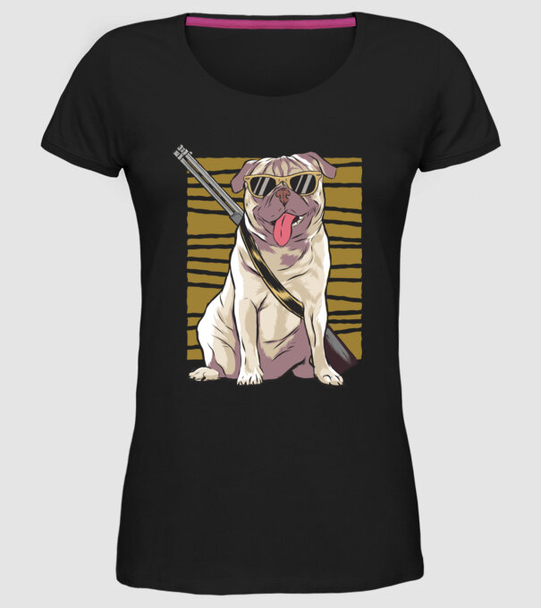 Mops cu pușcă tricou amuzant cu câine model negru pe tricou