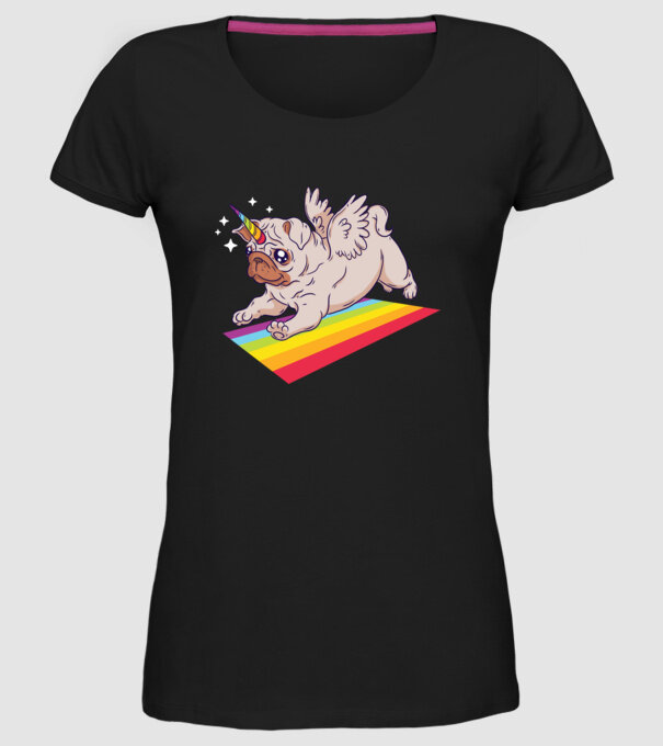 Mops unicorn model negru pe tricou