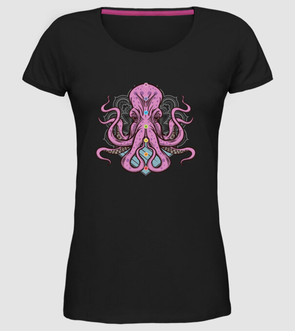 Yoga Octopus model negru pe tricou