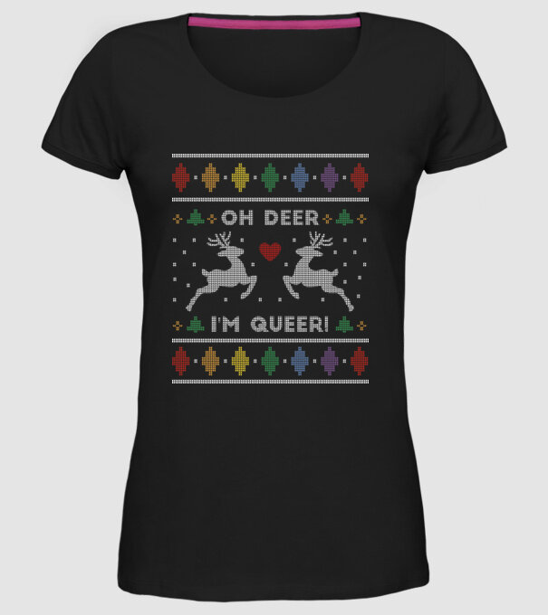 'Oh Deer, I''m Queer Ugly Sweater' model negru pe tricou