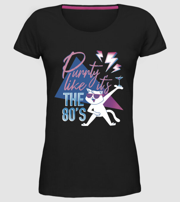 'Purrty Like it''s the 80''s' model negru pe tricou