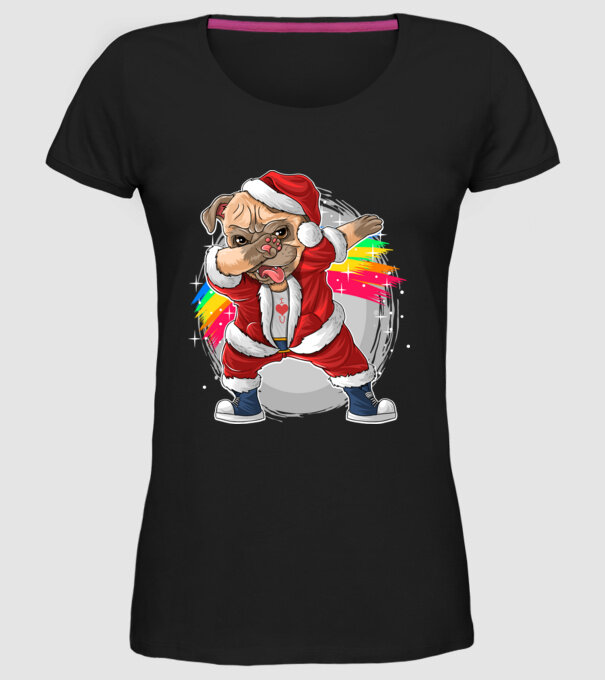 Santa Mops Moș Crăciun model negru pe tricou