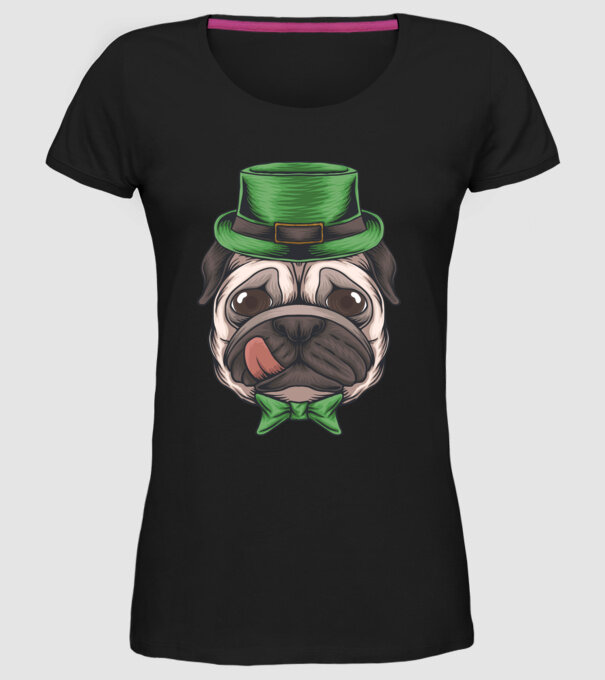 Mops Sfântul Patrick model negru pe tricou