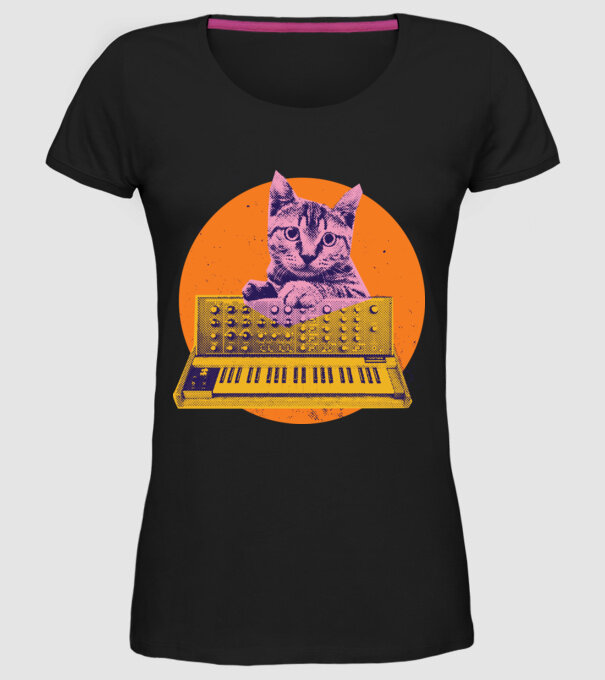 Pisică cu sintetizator model negru pe tricou