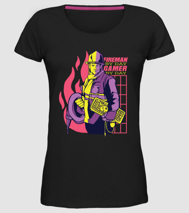 Pompier ziua, Gamer noaptea model negru pe tricou