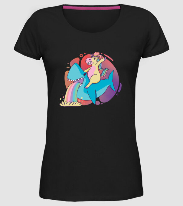 Unicorn pe rechin model negru pe tricou