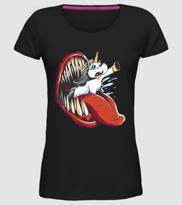 În gura monstrului Unicorn model negru pe tricou