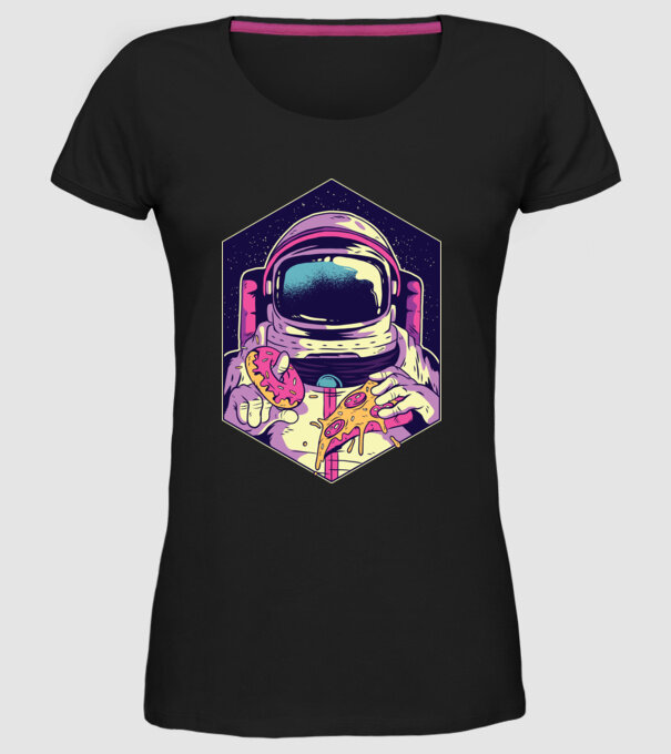 Astronaut Gogoașă și Pizza model negru pe tricou