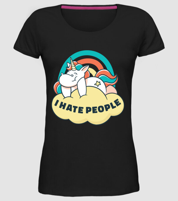 Urăsc oamenii Unicorn model negru pe tricou