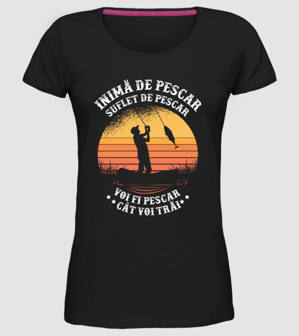 inimă de pescar, suflet de pescar, voi fi pescar cât voi trăi model negru pe tricou