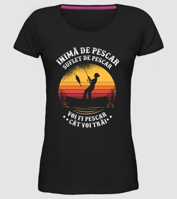 inimă de pescar, suflet de pescar, voi fi pescar cât voi trăi model negru pe tricou