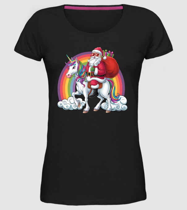Moș Crăciun cool pe un unicorn 2 model negru pe tricou