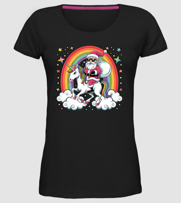 Moș Crăciun cool pe un unicorn model negru pe tricou