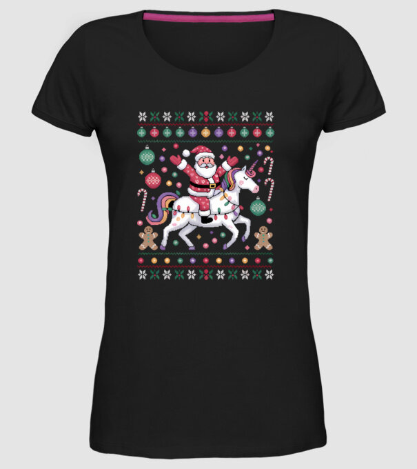 Moș Crăciun pe un pulover urât unicorn model negru pe tricou