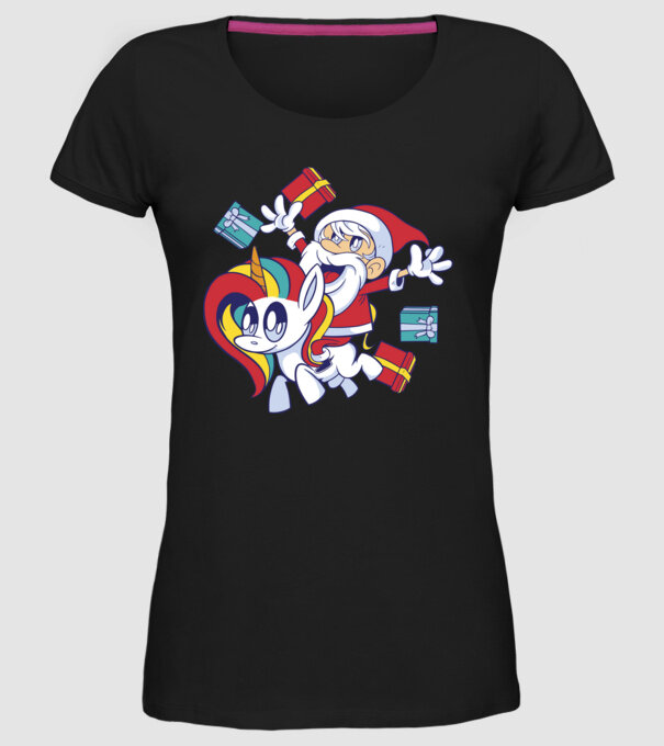 Moș Crăciun pe un unicorn model negru pe tricou