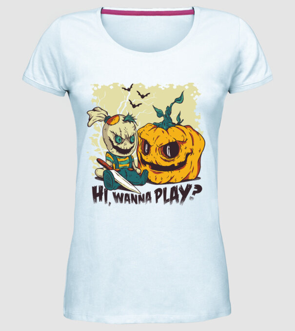 Vrei să te joci? Halloween model albastru deschis pe tricou