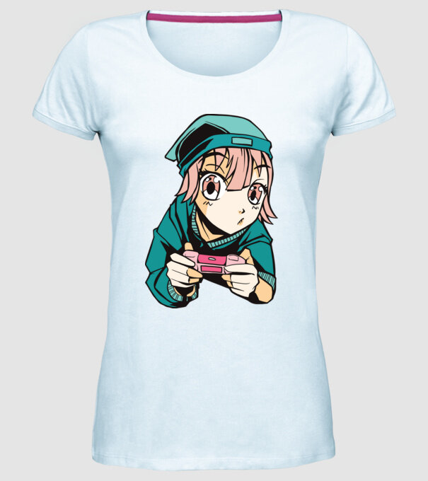 Anime fată Gamer model albastru deschis pe tricou