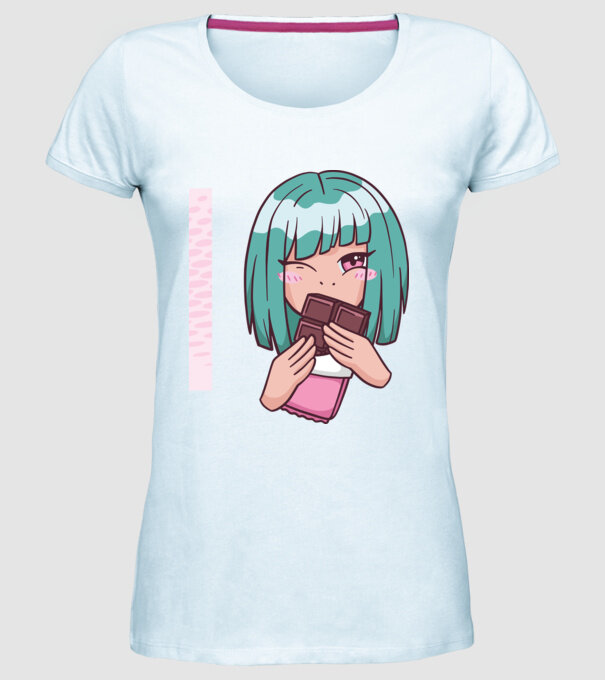 Anime fată cu ciocolată model albastru deschis pe tricou