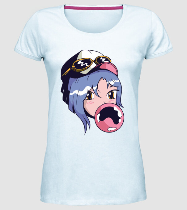 fată Anime cu gumă de mestecat model albastru deschis pe tricou