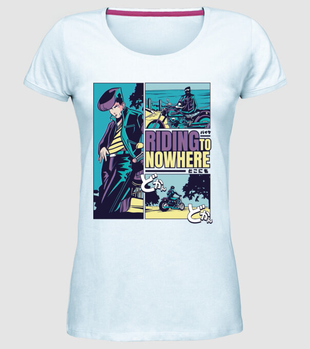Anime Vaporwave Riding Nowhere model albastru deschis pe tricou