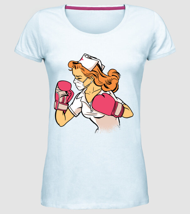 Asistentă Boxer model albastru deschis pe tricou