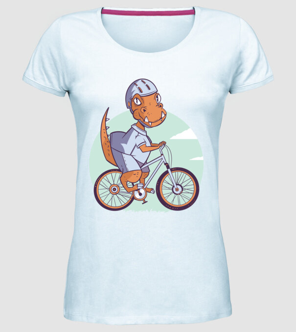 Dinozaur de T-Rex cu bicicletă model albastru deschis pe tricou