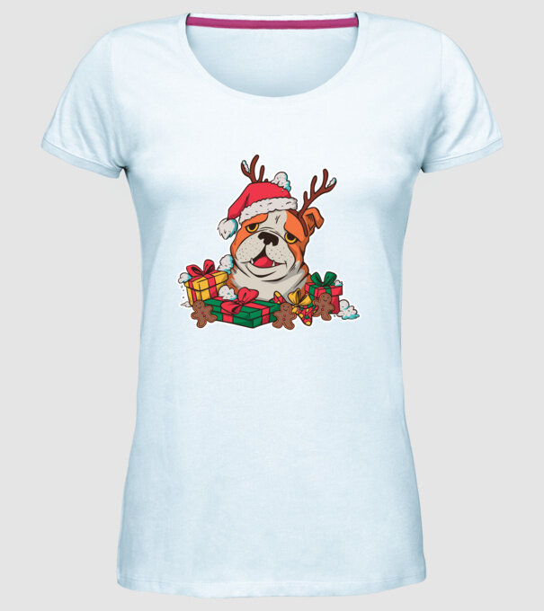 Bulldog de Crăciun model albastru deschis pe tricou