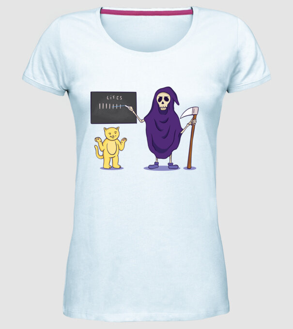 Cele 9 vieți ale pisicii model albastru deschis pe tricou